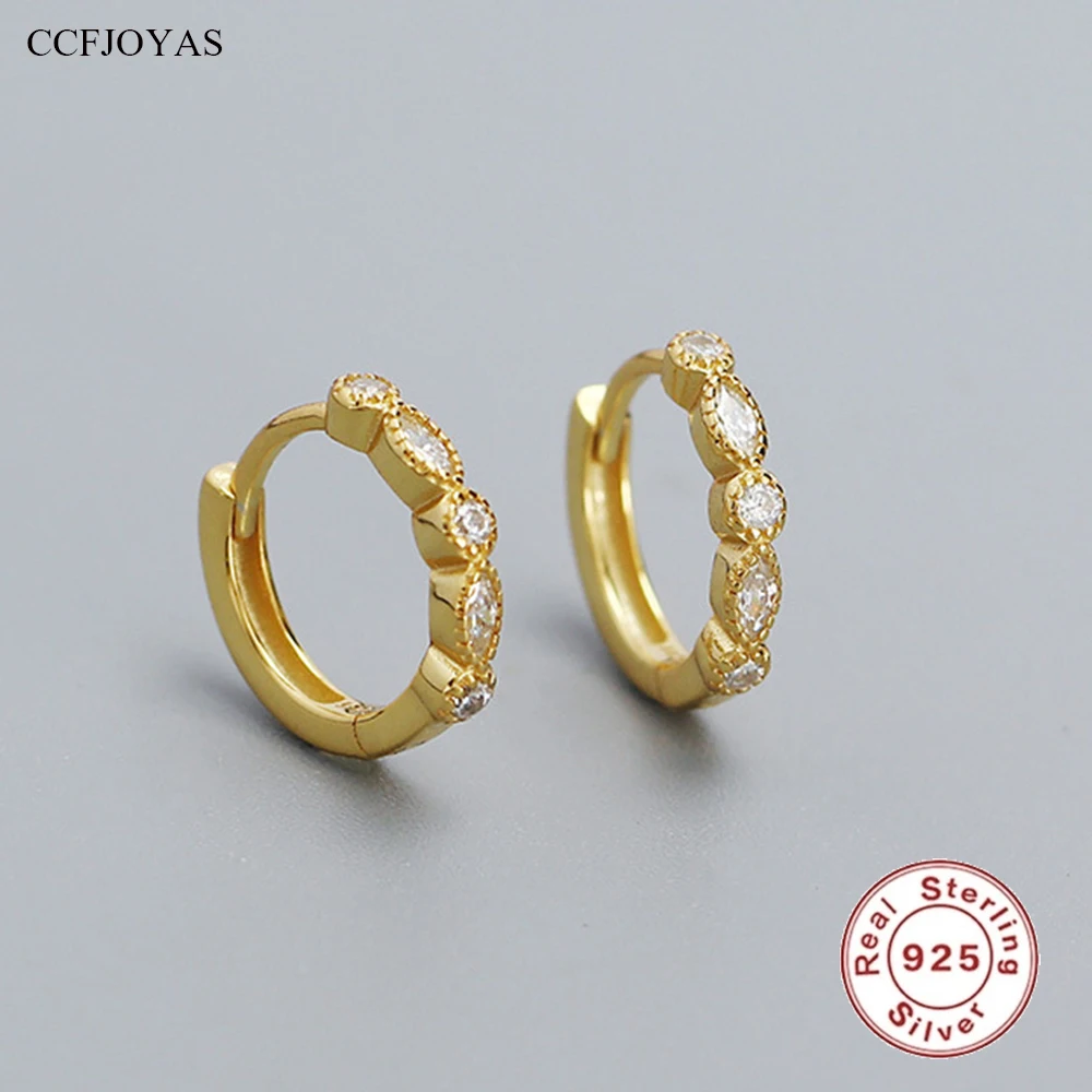 

CCFJOYAS 9mm Gold Silver color 925 Sterling Silver Hoop Earrings for Women Geometric Round/Marquise Zircon Round Earrings