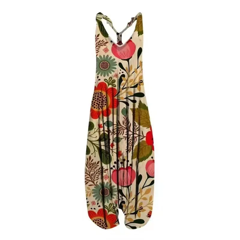 

Trendy Vintage Color Print Spaghetti Strap Jumpsuits Women Casual Sporty Style Loose V-neck Backless Sleeveless Jumpsuit Female