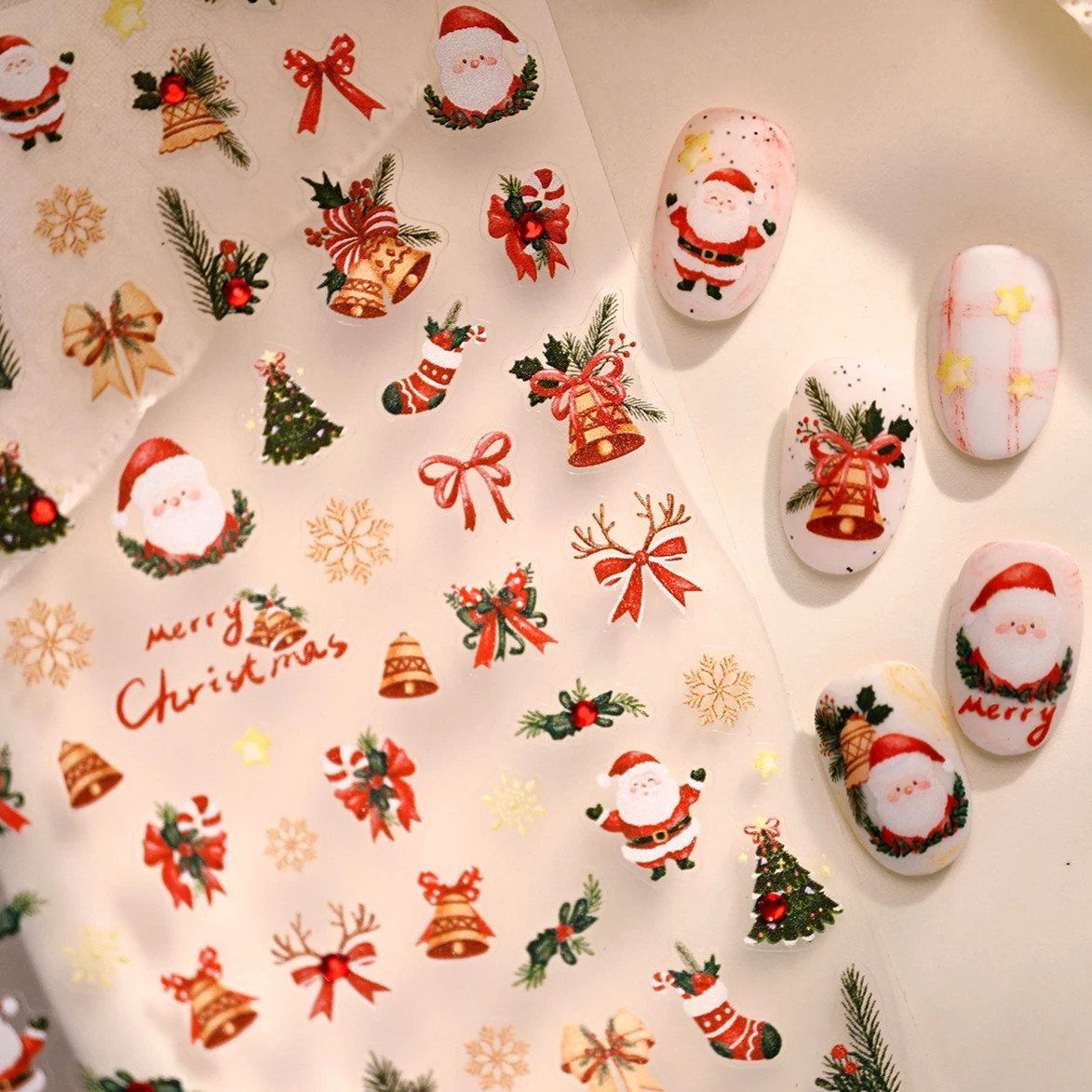 

Retro Christmas Santa Claus Tree Bell Sock Bowknot Star Snowflake Crystal Snowman Wreath Garland Winter Nail Art Stickers Decals