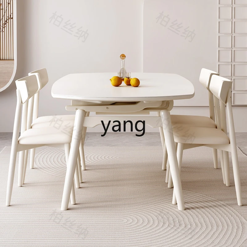 LH cream wind solid wood rock slab dining table household retractable dining table can be square and round dual-purpose dining