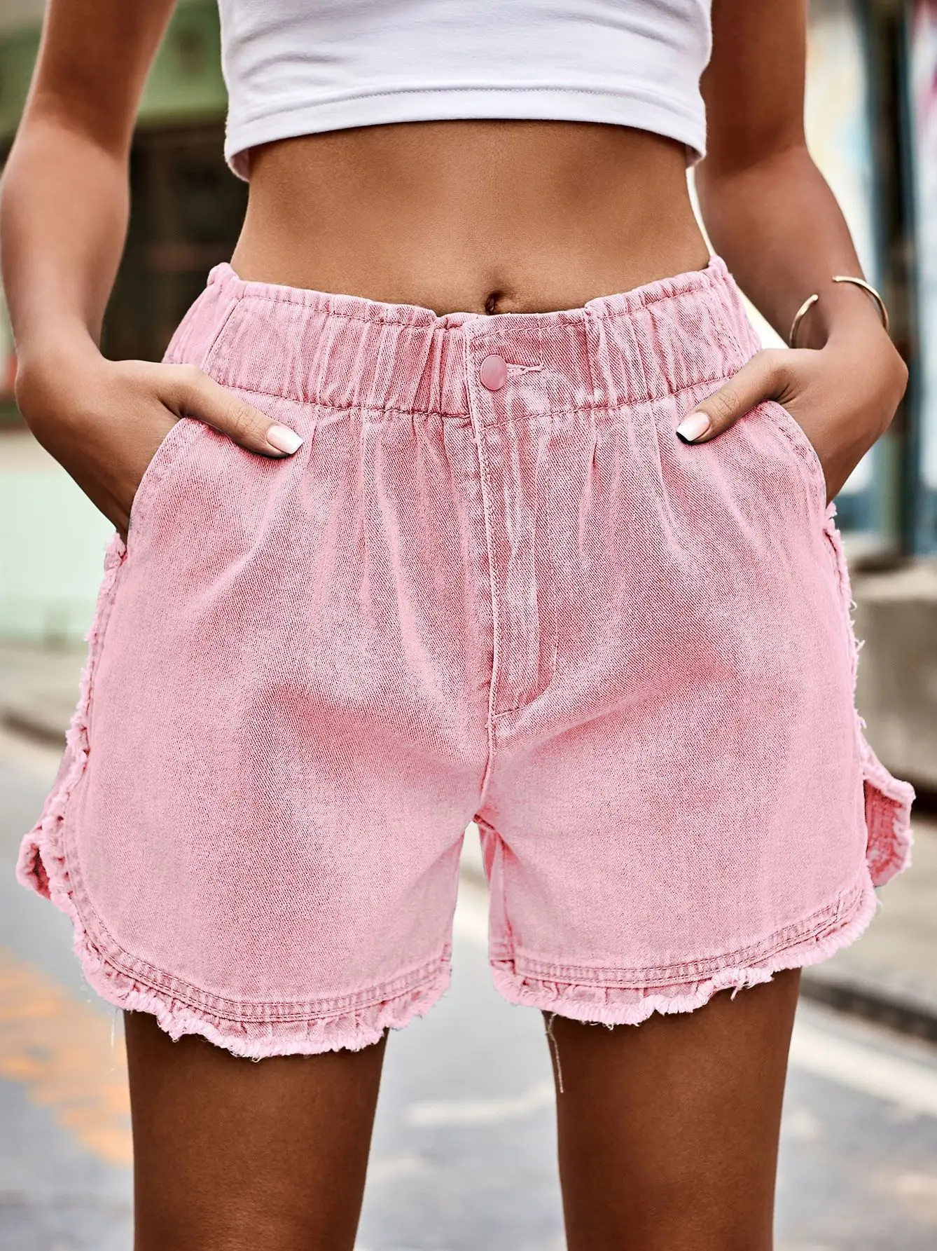 

High Waist Street Style Denim Shorts Women's Elastic Waist Flared Hemmed Flower Bud Jeans Cross-Border Trendy Cotton Blend