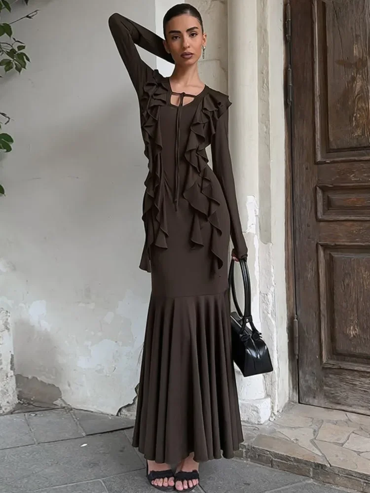 Chaxiaoa Elegant Bodycon Party Club Evening Dress Women 2025 Autumn Fashion Ruffled Lace-Up Long Sleeve Waist-Cinching Clothing