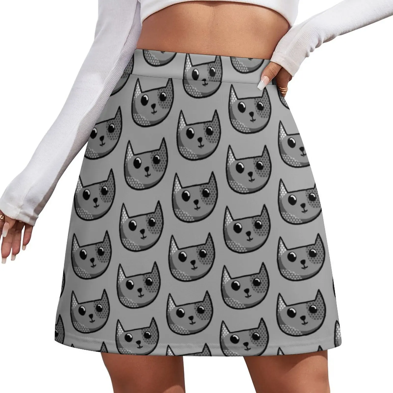 

Grey Cat Face Mini Skirt School uniform Summer women's clothing Mini Skirt