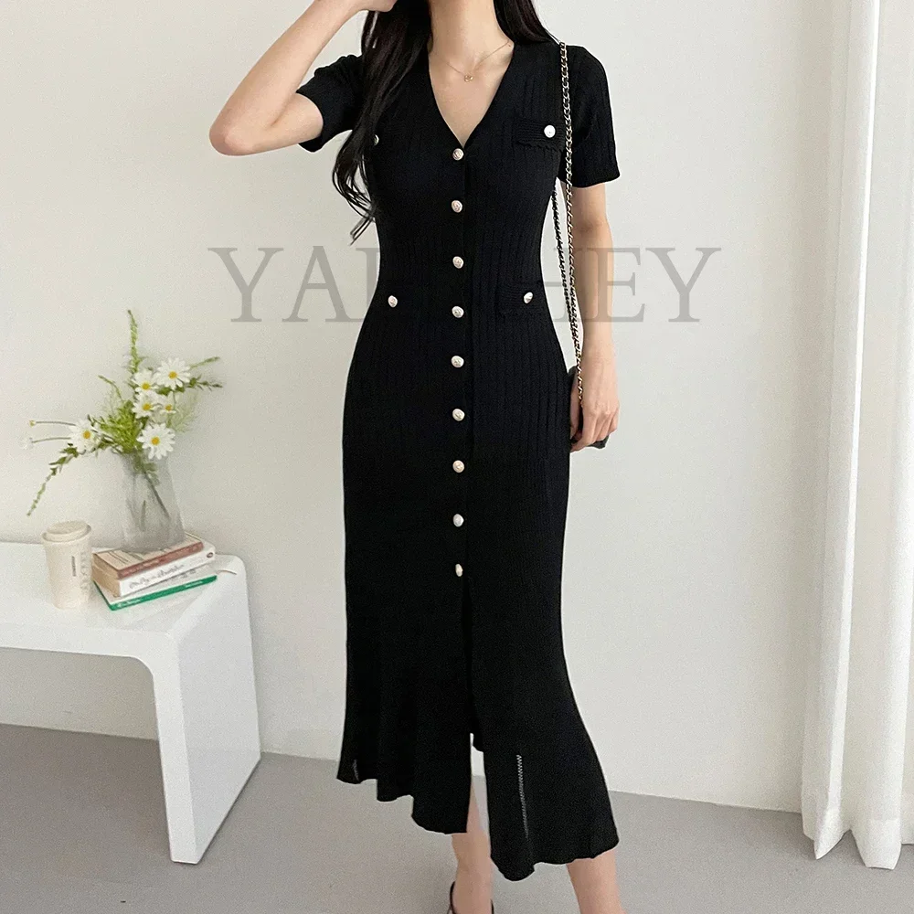 Knitted Black Bodycon Korea Style Ruffle Ladies Short Sleeves Midi Dresses Elegant Casual V-neck Mermaid Dress for Women Summer