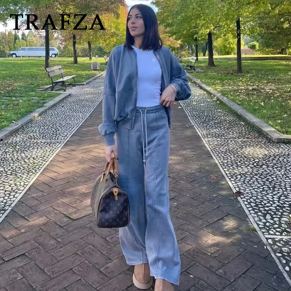 TRAFZA 2024 Autumn Winter Women Casual Solid Straight Suits Fashion Vintage Zipper O Neck Jackets+Elastic Waist Wide Leg Pants