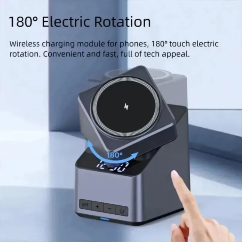デスクトップ3-in-1ワイヤレス充電ステーション時計ディスプレイ180-°-携帯電話、時計、イヤホン用回転式急速充電器、家庭での日常使用に最適