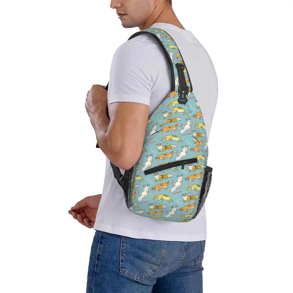 Gecko-Sac à dos à bandoulière léopard jaune pour homme, sac à bandoulière animal de dessin animé, sac de poitrine de voyage, sac à dos initié