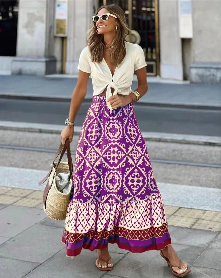 Women's Summer New Fashion Holiday Style Print Loose Casual Stitching Big Swing Skirt Loosens Waist Half Body Long Dress y2k