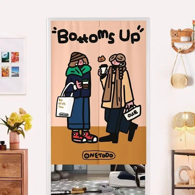 Happy Girl Cartoon Door Curtain HAPPY Fabric Door Curtain No Punching Entrance Bedroom Privacy Partition Curtain