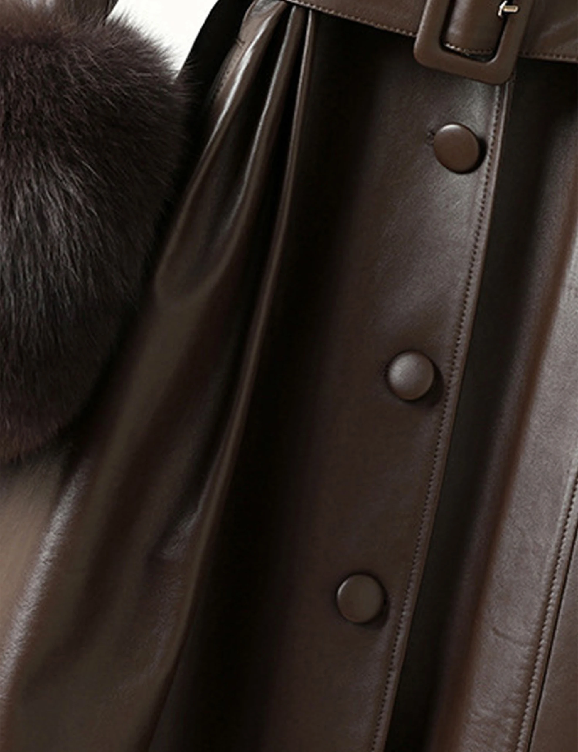 Damen-Jacke aus echtem Schaffell-Leder, langer Leder-Trenchcoat mit echtem Fuchspelzkragen und Ärmelbündchen