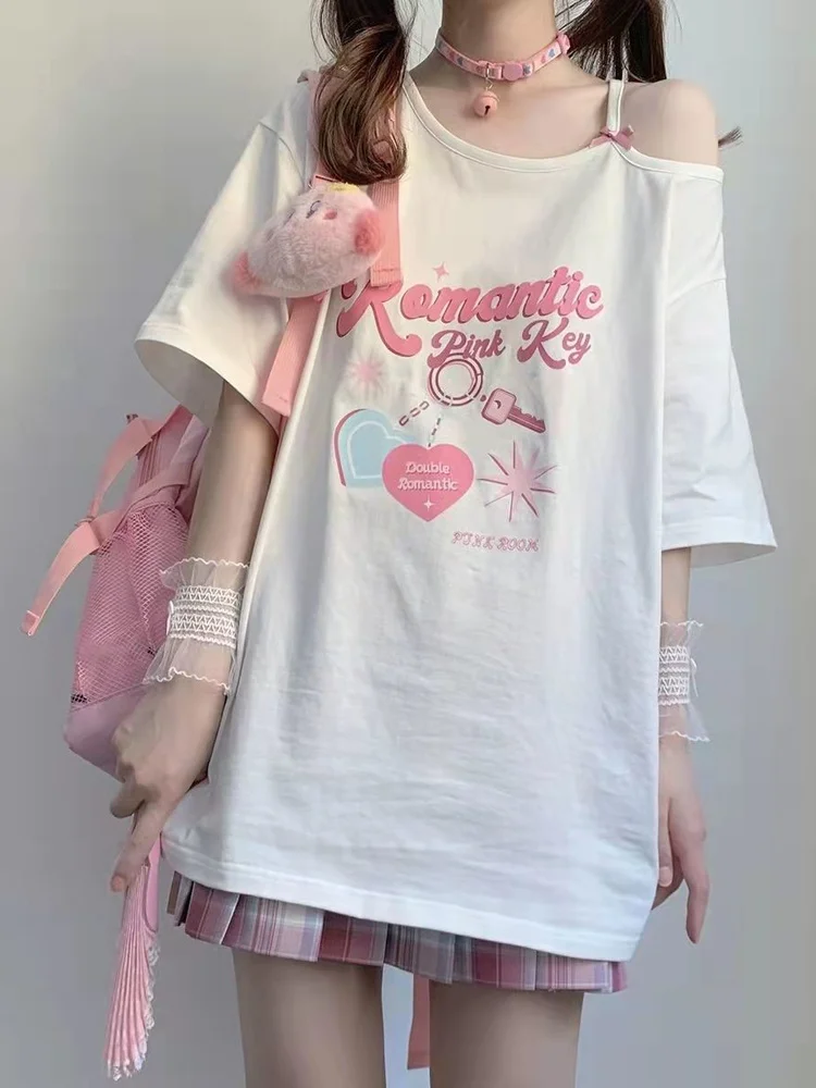 Deeptown Women Kawaii Off Shoulder T-shirt Harajuku Sweet Girl White Tops Y2k Aesthetic Cute Graphic Tees Japanese Fashion Shirt