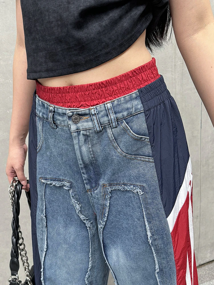 2024 Retro Street Hoge Taille Denim Wijde Pijpen Broek Vrouwen Zomer Nieuwe Elastische Contrast Gekleurde Losse Broek Mode Trendy Jeans