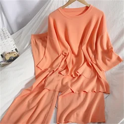 Korean Half Sleeve Side Slit Pullover Top+wide-leg Pants Knitted Womens Two Peice Sets Solid Color Loose Tracksuit Women N704