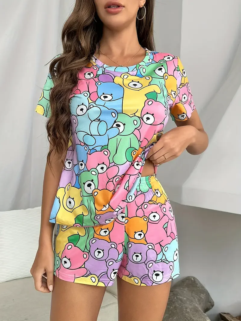 Women's Cartoon Graffiti Print Short-Sleeved Top + Shorts Set, Suitable for Spring and Summer Daily Wear, Vacation, and Home Wear