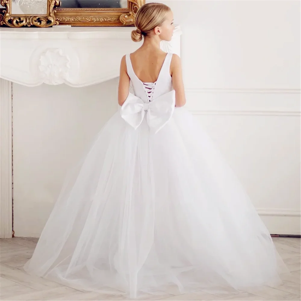 First Communion Gowns White Flower Girl Dresses Elegant Tulle Puffy Bow Sleeveless For Wedding Party Kids Birthday GIft