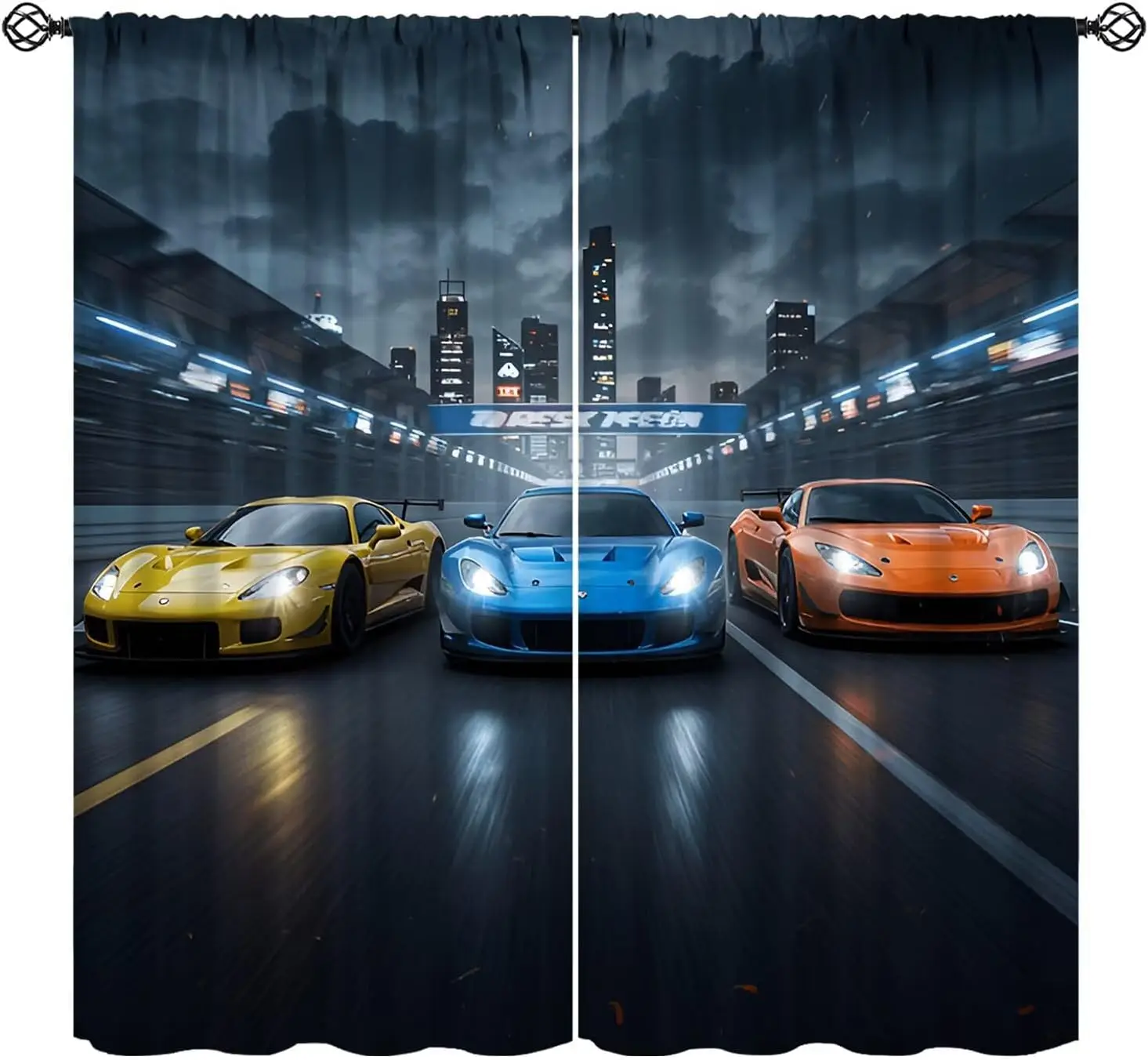Speed Racing Curtain, High-Speed Night City Extreme Sport Cars Cool Design Window Drapes for Kids Boys Bedroom Living Room
