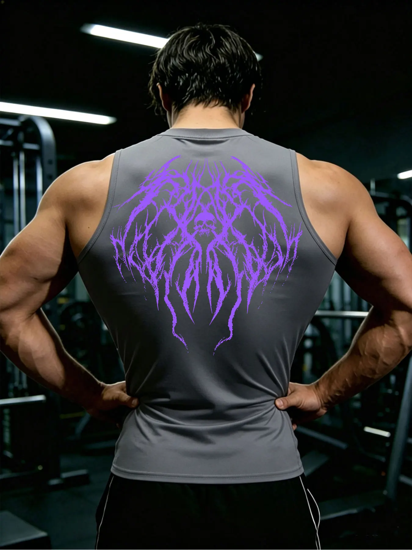 Herren Y2K Dark Gothic Art Print Kompressions-Tanktop, schnelltrocknend, ärmellos, Weste, Fitness, Bodybuilding, Workout, Muskel-Sportoberteil – Detail 8