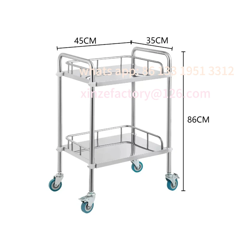 Troli Perawatan Stainless Steel 2 Rak yang Dapat Disesuaikan, Troli Instrumen Tiga Lapis