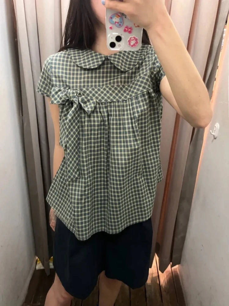 Korean Sle Doll Collar irt  Knot Girl's Feel Vintage Plaid ort Sve Button up Top Women's Faion Commute