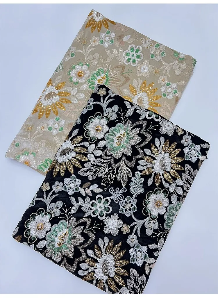 

1yard Exquisite large flower nail bead sequin embroidery tissu new gauze fabric for patchwork Dress and wedding cheongsam fabric