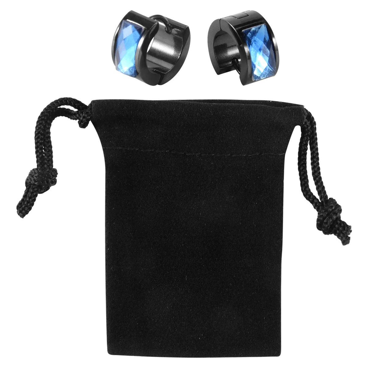 Orecchini da uomo con gioielli in borsa di velluto, orecchini a bottone in acciaio inossidabile, blu nero