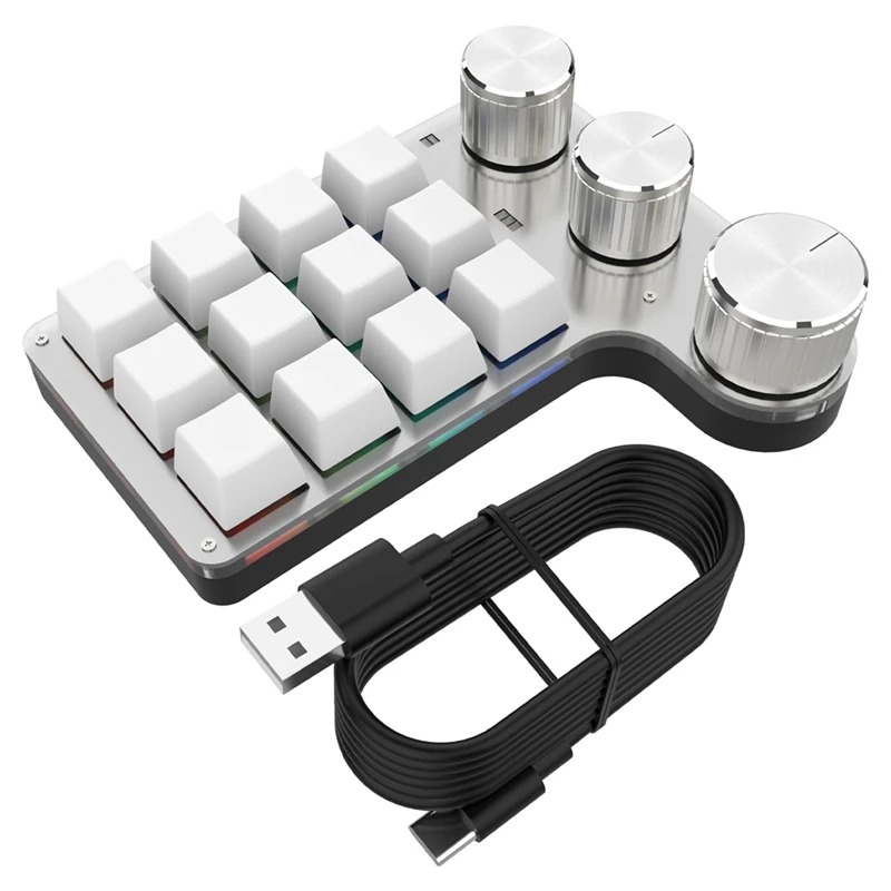 Programmable DIY Mechanical Keyboard RGB 12 Keys 3 Knob Custom Macro Keypad Durable USB Hotswap Keyboard White