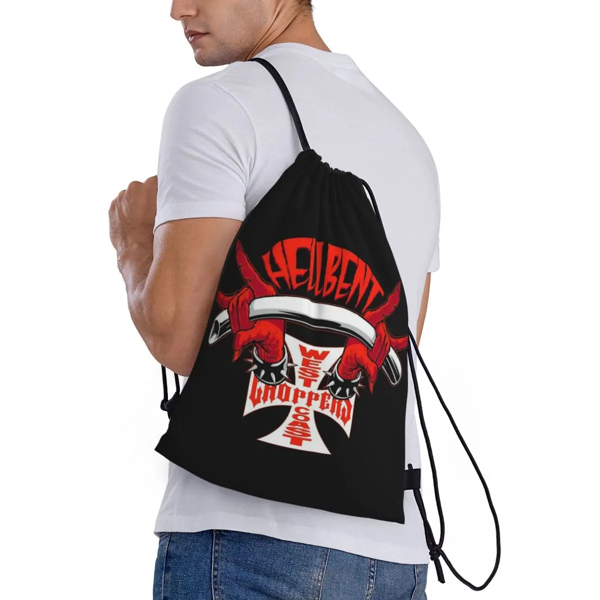 Custom West Coast Iron Motorcycle Cross Choppers Drawstring Backpack Bags   Lightweight Gym Sports Sackpack Sacks for Traveling