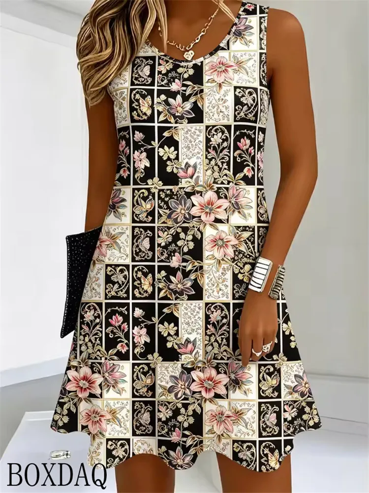 Checkered flower pattern printed women's summer dress round neck sleeveless loose fashion A-line women's new dress