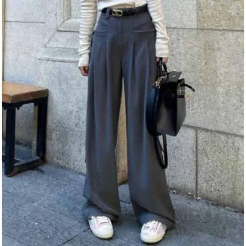 Harajuku Retro Casual Pants Women High Waist and Wide Legs Versatile Gentle Solid Color Side Style Strap Up Suit Pants Women