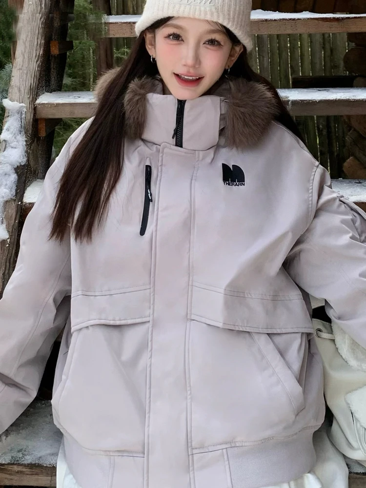 

Winter ort down Parka Women's Cotton Jaet Ultra Cute Fur Collar Korean Sle Commute Loose Fit Polyester Fiber Coat