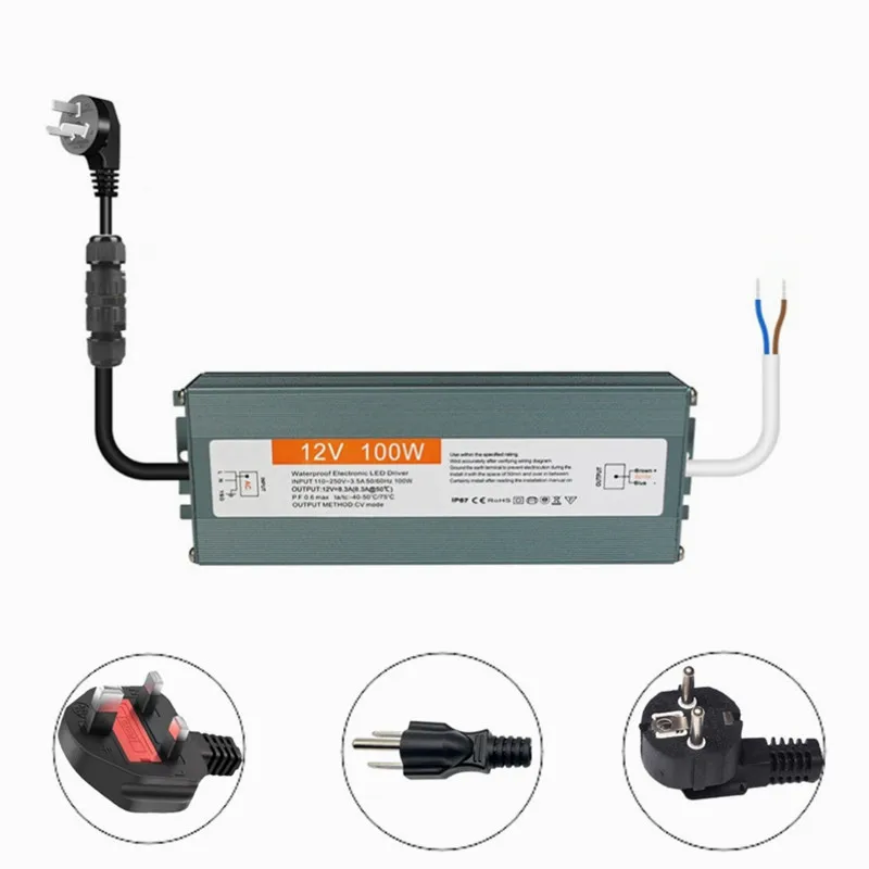 100W Low Voltage Transformer with Plug 110V 220V AC to 12V DC Landscape Lighting Transformer Waterproof LED Power Supply Adapter