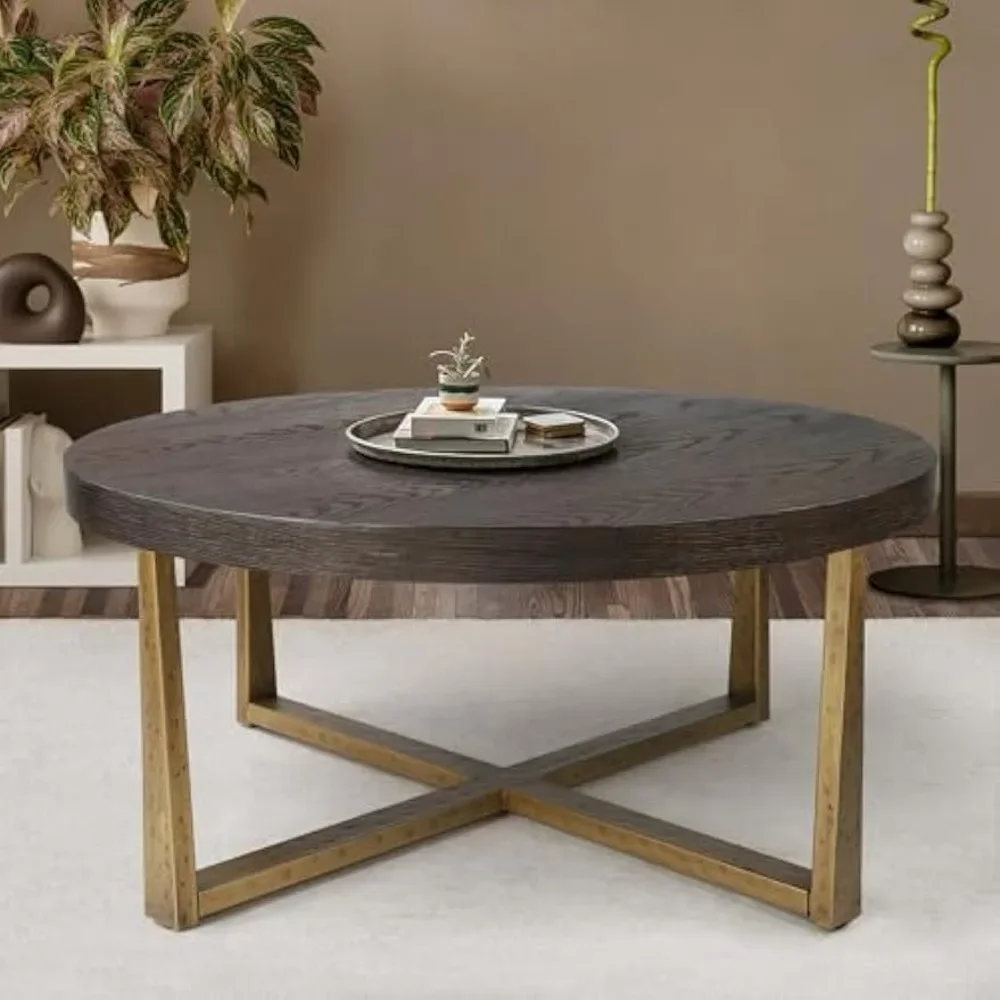 Round Coffee Table - Modern Wood Coffee Table for Living Room with Gold Metal Legs - 36 Dia