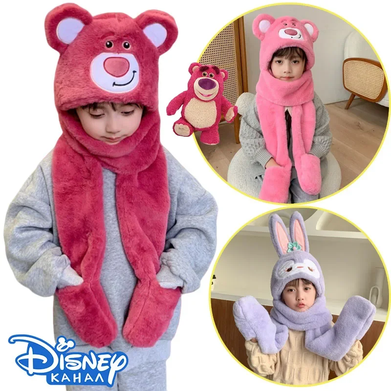 Disney Lotso Children\'s Scarf Hat Gloves Winter Lamb Wool 3-In-1 Ear Hat Scarf Gloves Set Women Caps Warm Casual Plush Neck Hats