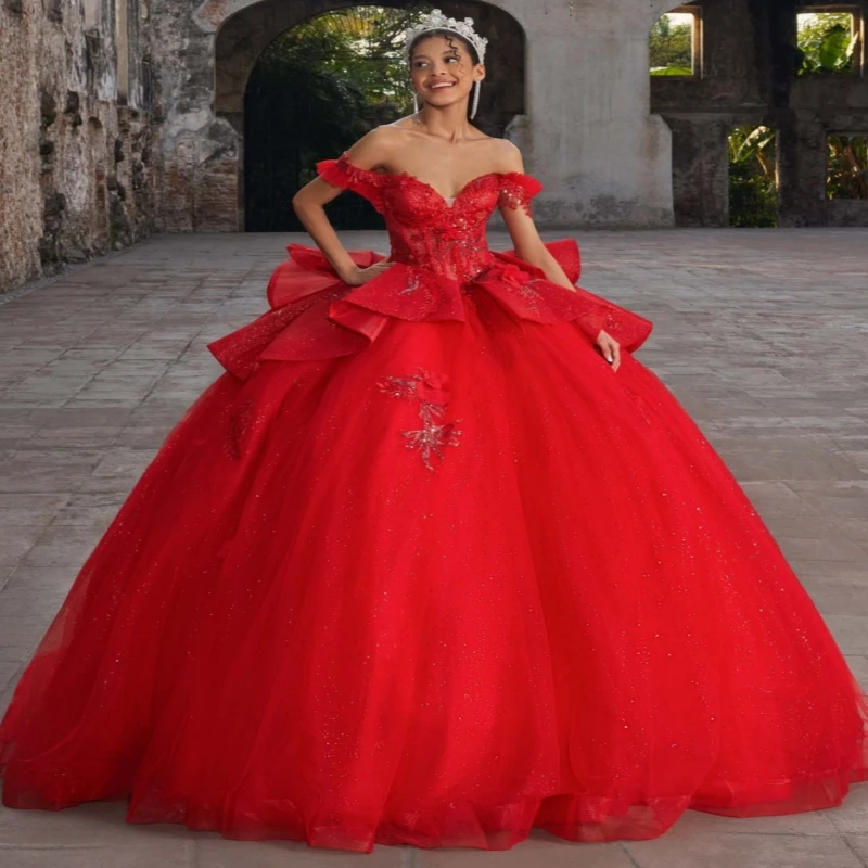 

Red Shiny Ball Gown Quinceanera Dresses 2026 Applique Lace Beading Crystal Bow Tull Corset Off Shoulder Sweet 16 Dress Years Ves