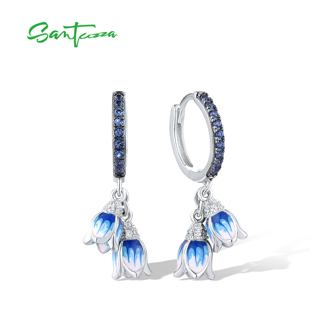 

SANTUZZA Pure 925 Sterling Silver Drop Earrings For Women Sparkling White Blue CZ Enamel Tulip Flower Elegant Gifts Fine Jewelry