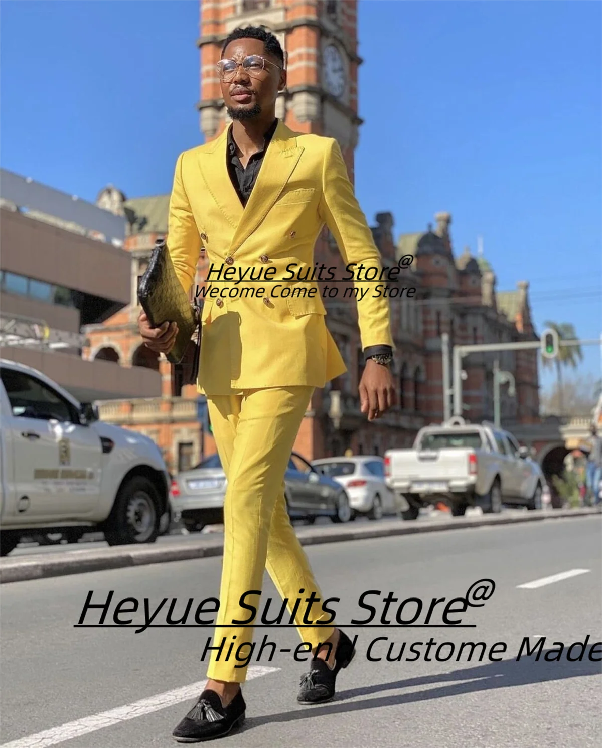 

Customized Fashion Yellow Men Suits Slim Double Breasted Groom Wedding Tuxedos 2 Pcs Sets Male Casual Blazers Party Ropa Hombre