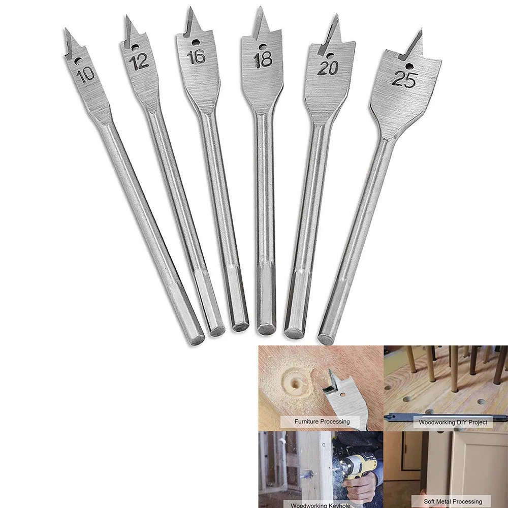 

6pcs Durable Woodworking Tool Sets Flat Drill Long High-carbon Steel Wood Flat Drills Woodworking Spade Drill Bits