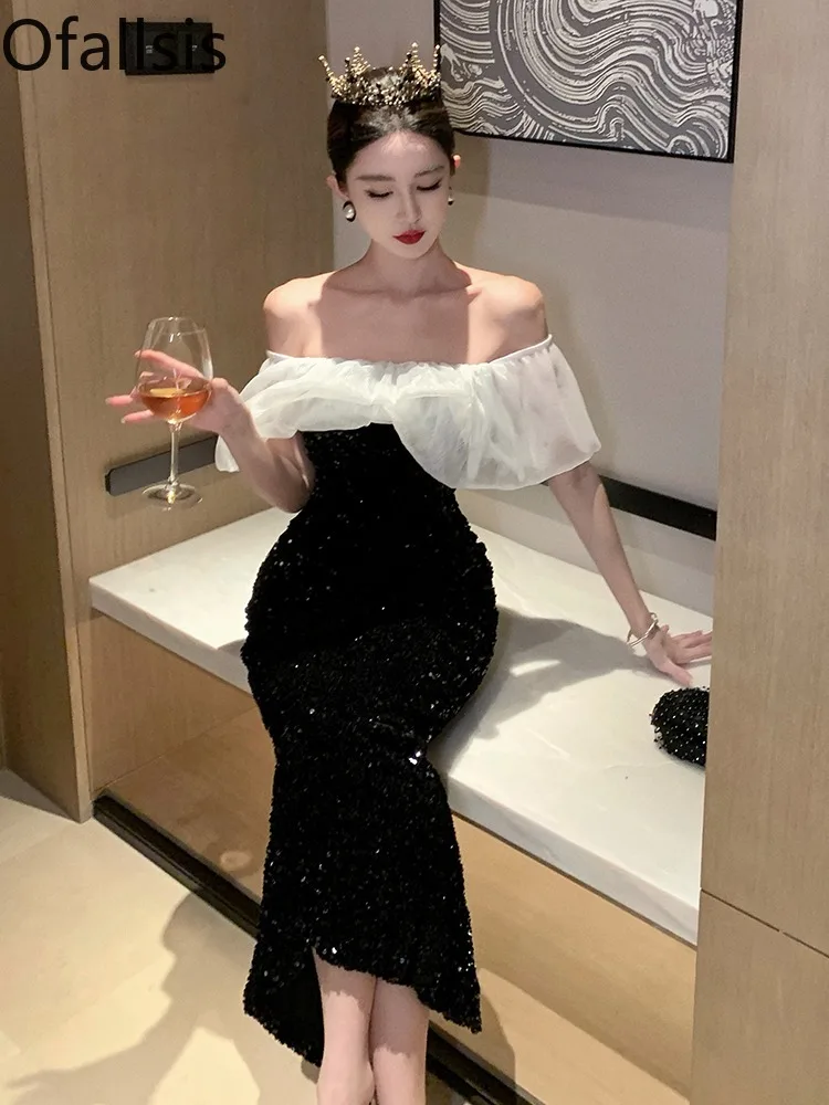 Ofallsis Light Luxury Socialite Sexy Temperament Dress 2024 Summer New Off Shoulder Velvet Sequin Banquet Black Evening Dresses