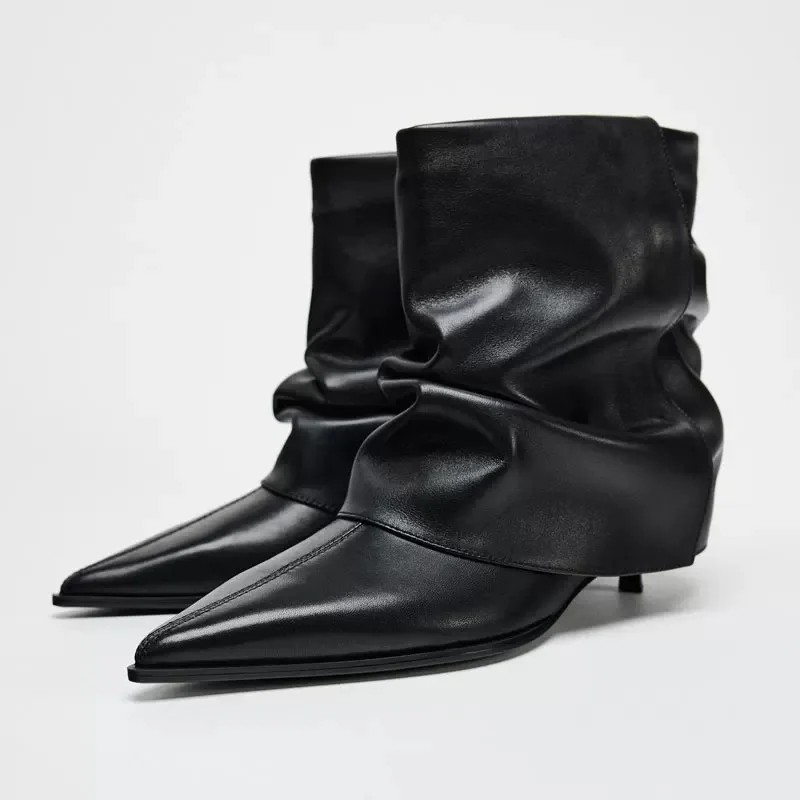 

Cat Heel Ankle Boots Woman 2025 Sexy Pointed Toe Pleated Short-tube Fashion Boots Soft Leather Short Boots Women