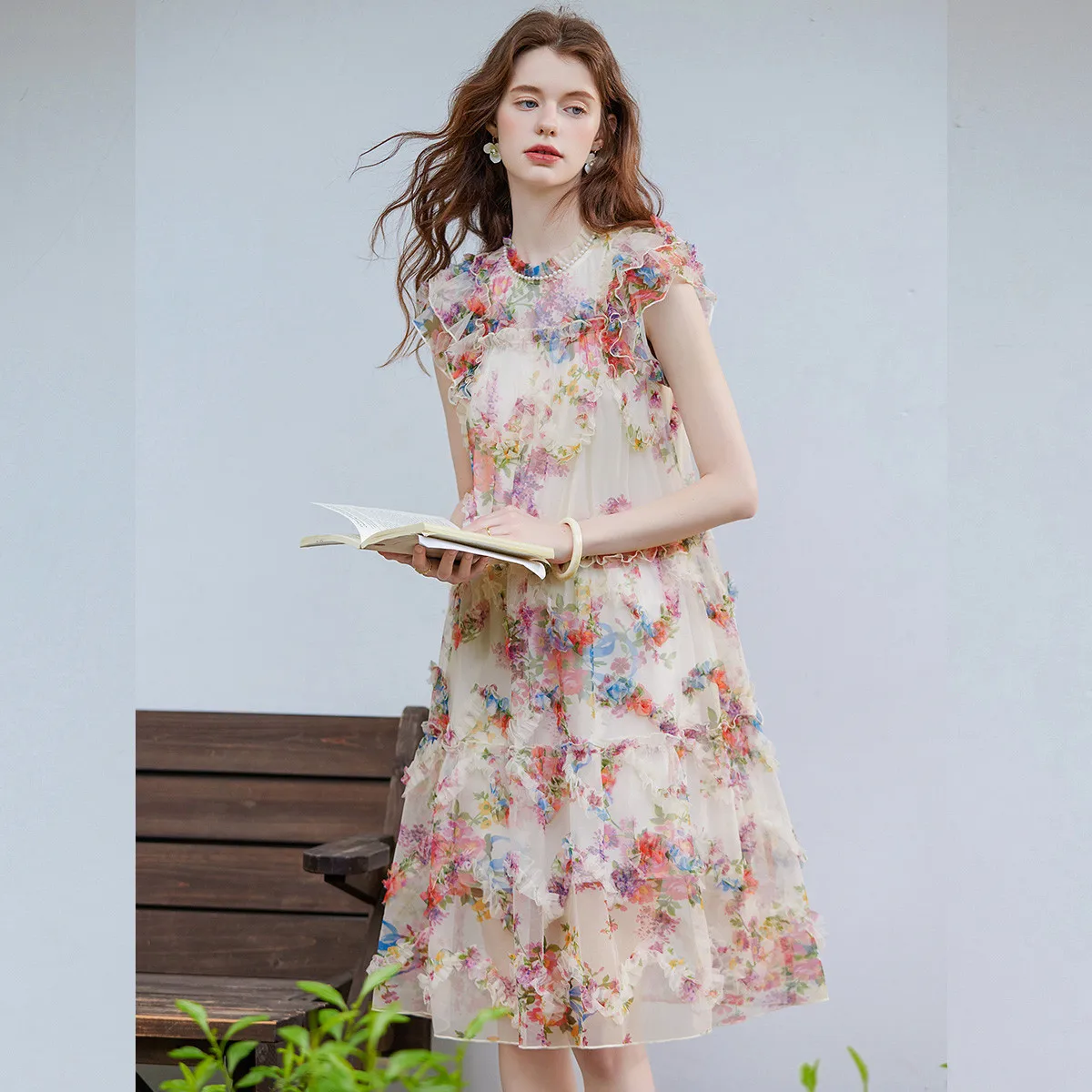 LOUISYAO Rustic Flying Sleeve Print Dress Women 2025 Summer Round Neck Non Stretch Long Dress Casual Vacation Outfits