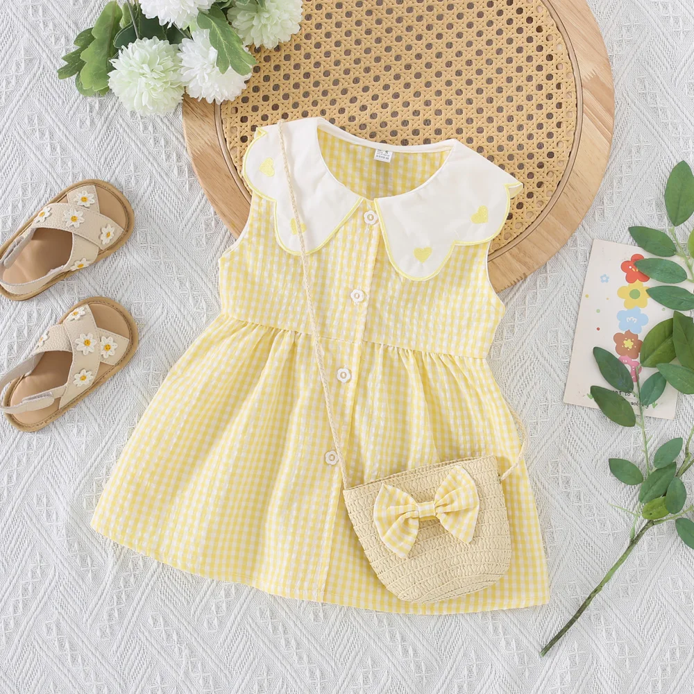 Summer Girls Dress With Heart-Shaped Checkered Print Girls Dress With Bow And Crossbody Bag Dress (0-3 Years Old)