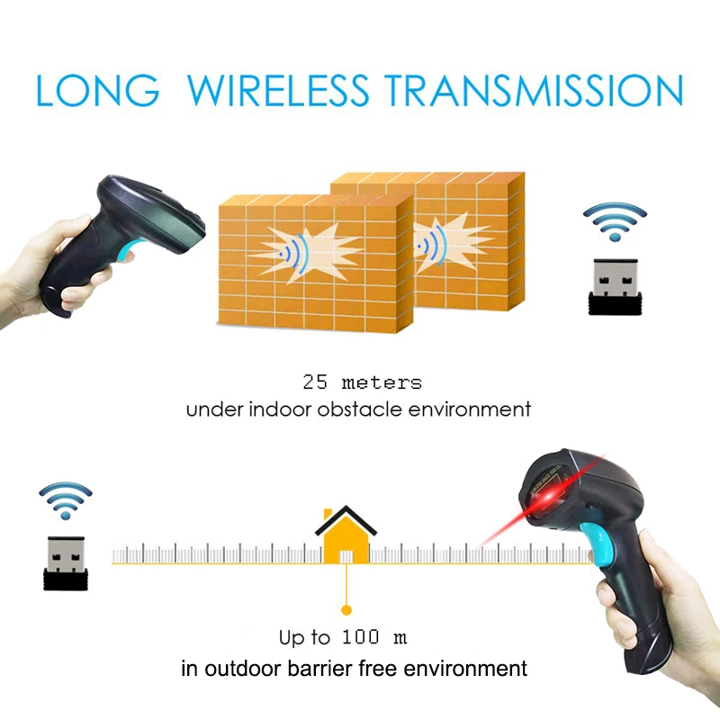 2D Barcode Scanner Wireless Bluetooth Portable Handheld 1D/2D QR Code Reader Quick Identify Bar code CMOS for Retail Warehouse