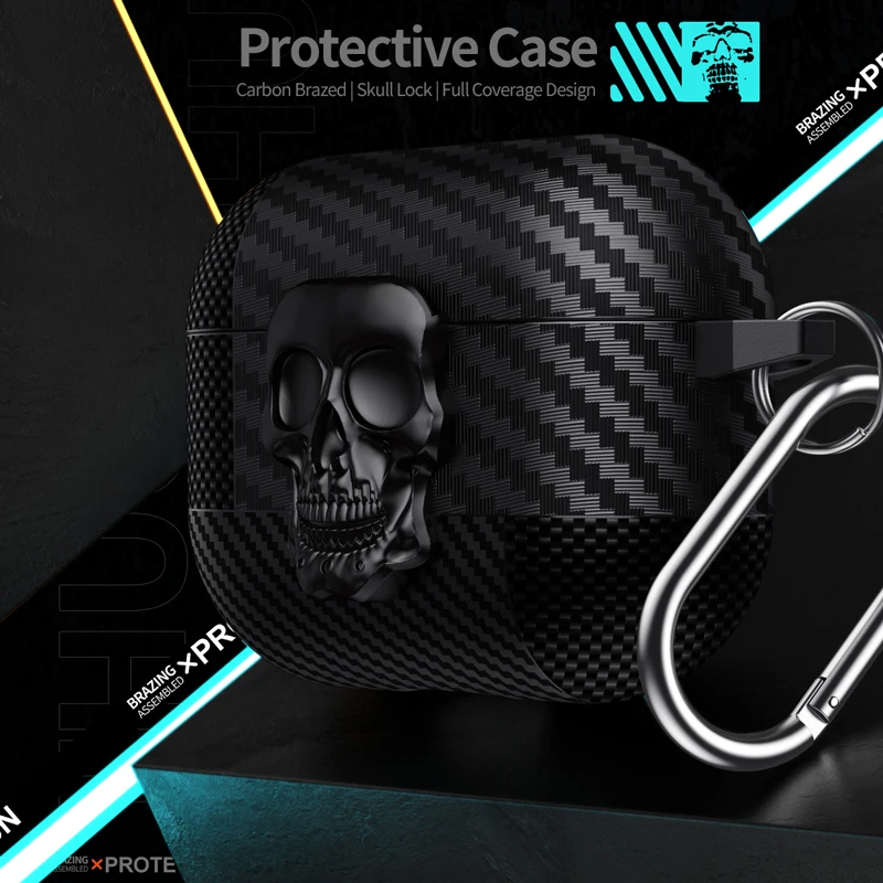 Suit Thug Skull Series Headphone Case For Airpods 4 Magnetic headphone case For Airpods Pro 2 3 2 1 Carbon Fiber Case with hook