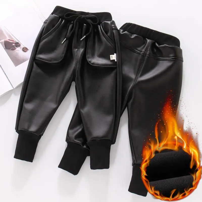 

children's leather pants boys' and girls' autumn and winter one-piece velvet large pocket labeled warm pants baby PU pants 2-7Y