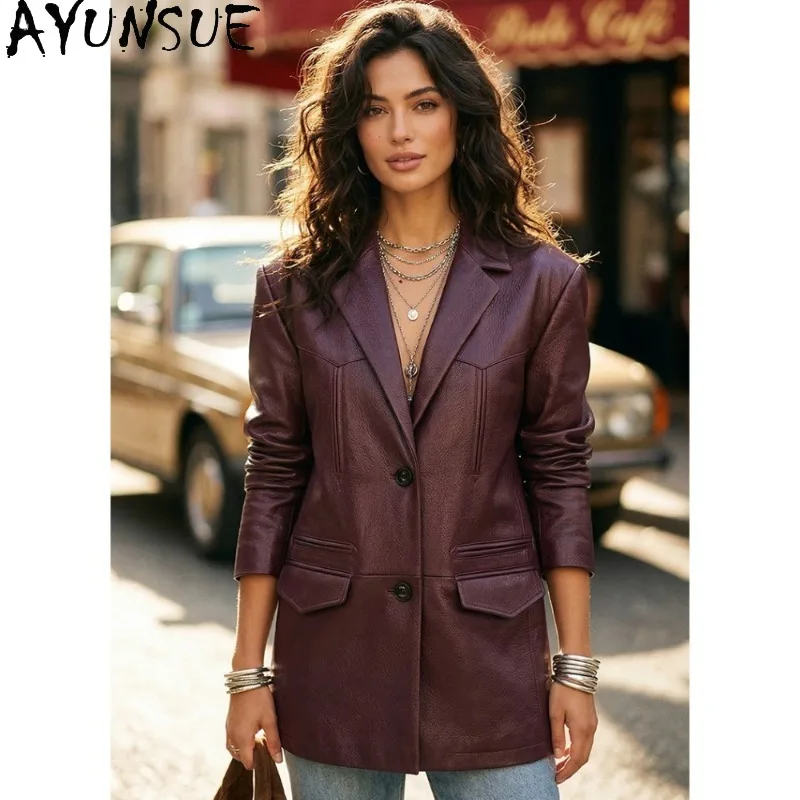

AYUNSUE Women's Real Leather Jackets Mid-length Commuting Jacket Woman Goatskin Long Sleeve Tops Woman Clothes Spring Autumn
