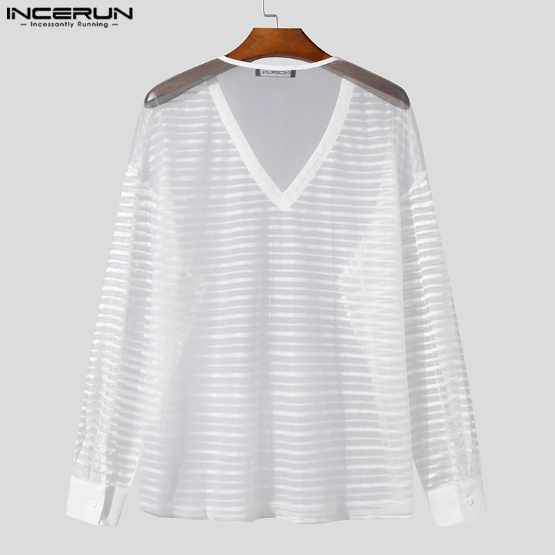 2024 Men T Shirt Striped V Neck Mesh Transparent Loose Long Sleeve Men Clothing Streetwear Fashion Sexy Tee Tops S-5XL INCERUN