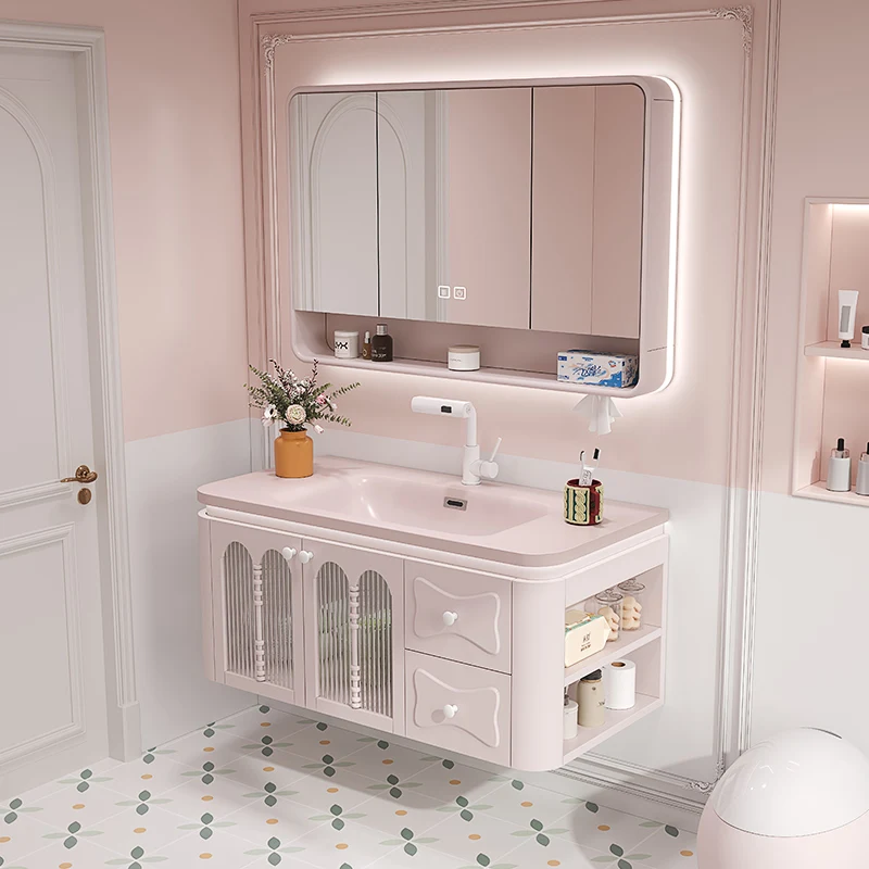 

Pink Bathroom Cabinet Sink Wash Basin Bow Bathroom Cabinet Washstand Ceramic Integrated Basin Deepen Washbasin Round Eckschrank