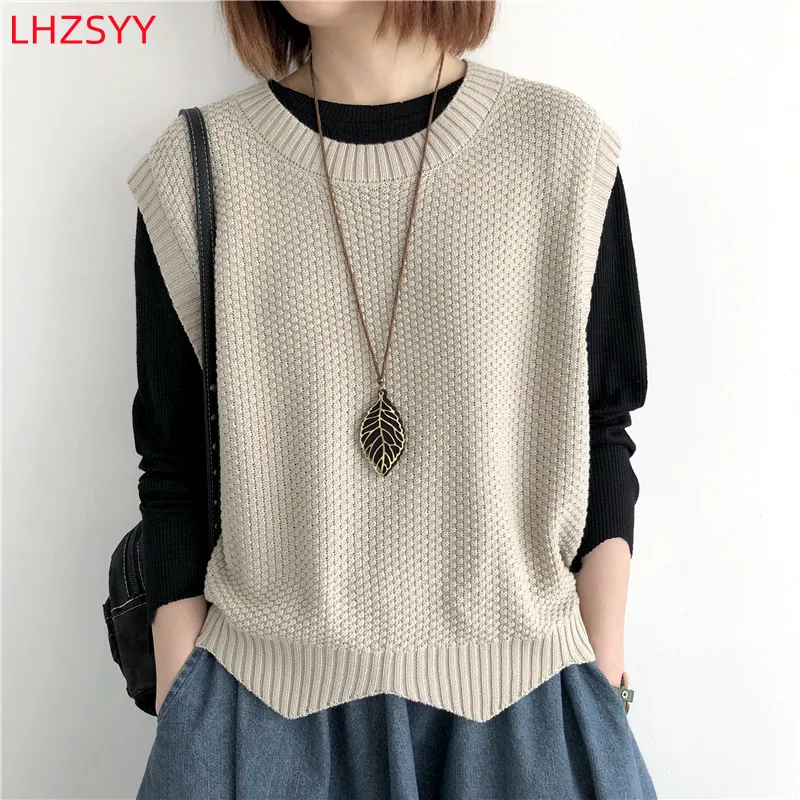 LHZSYY 2024 New 100% Cotton Vest Ladies Autumn/Winter Outer -Tops O-Neck Sleeveless Large Sweater Cotton Thread Loose Knit Vest