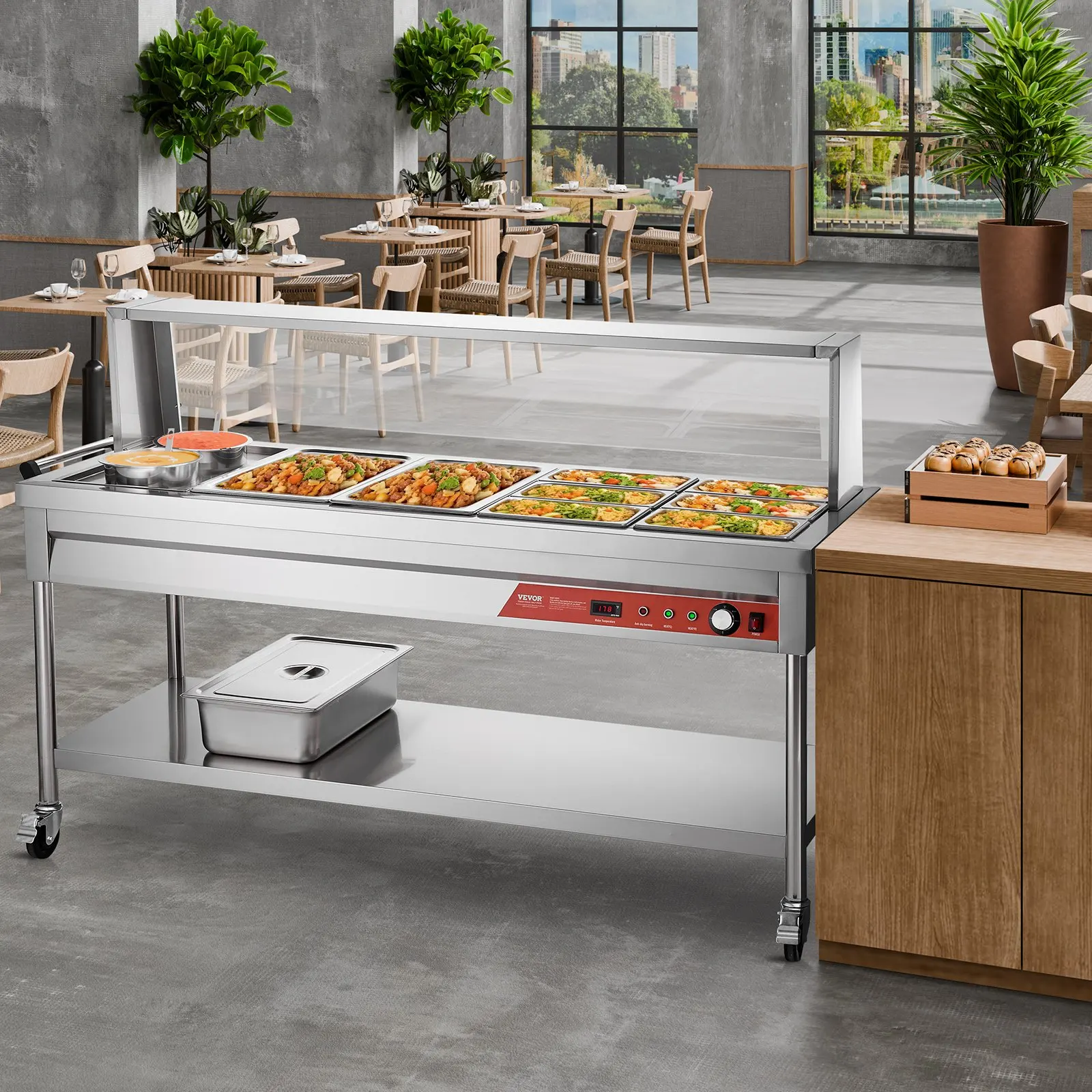 8 Pans + 2 Pots Commercial Food Warmer Steam Table With Undershelf Shield