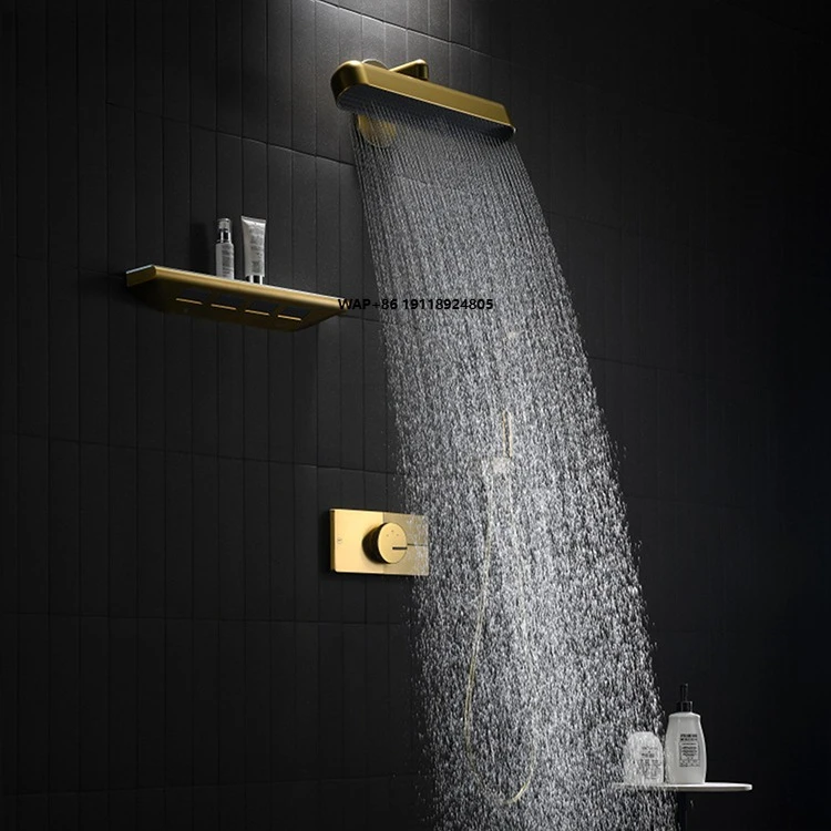 New Design Multifunctional Brushed Gold Brass Concealed Bath Shower Mixer Home Bathroom Shower Set With Waterfall Spout
